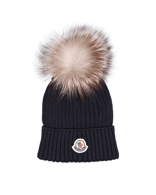 Moncler Kids BNWT black hat/beanie with pom pom made from fox fur