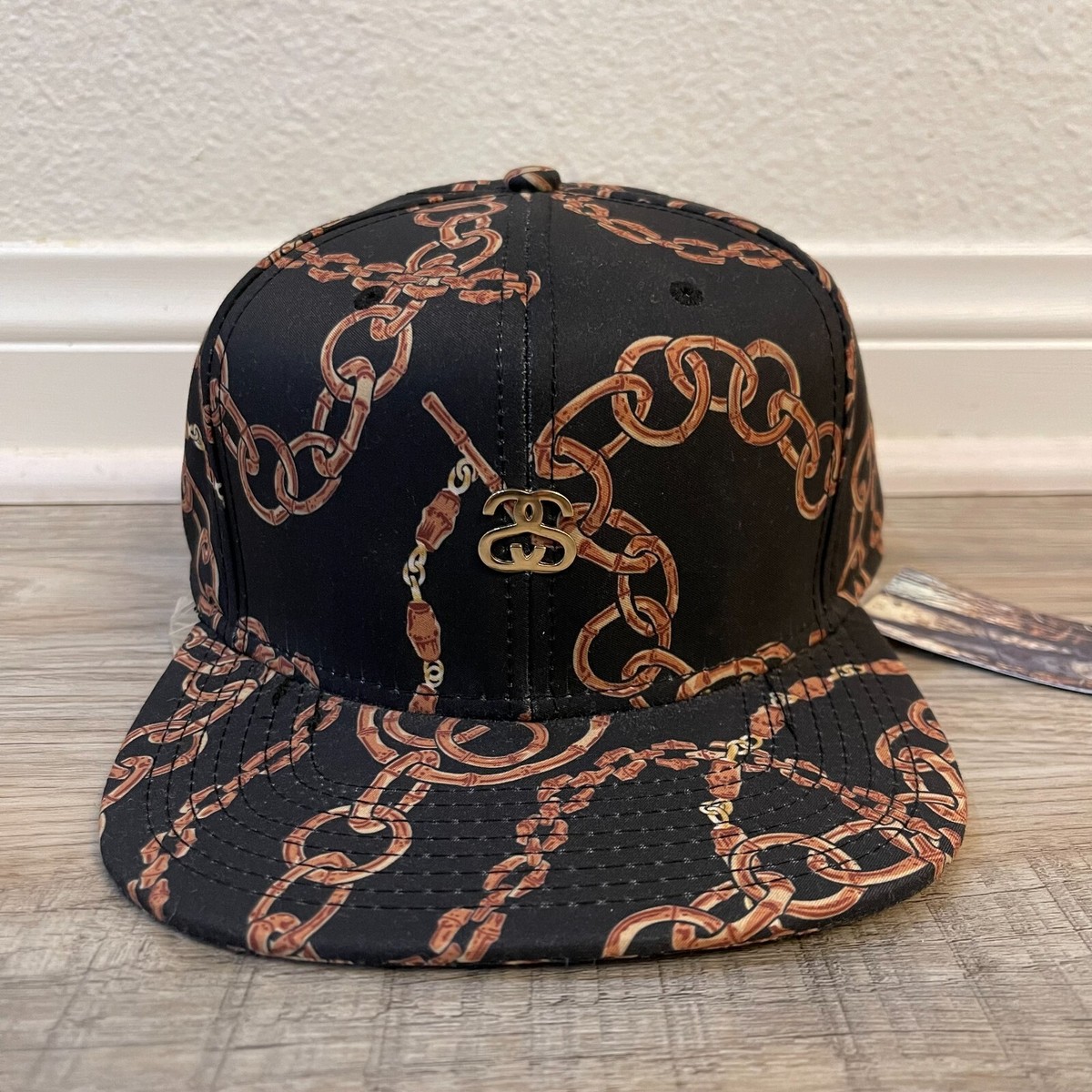 New Vintage Stussy SS Chain Link Strapback Cap Hat Black