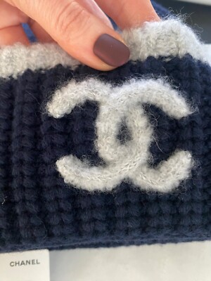 Chanel Classic Beanie Cashmere Wool Navy Blue Gray CC Logo Hat