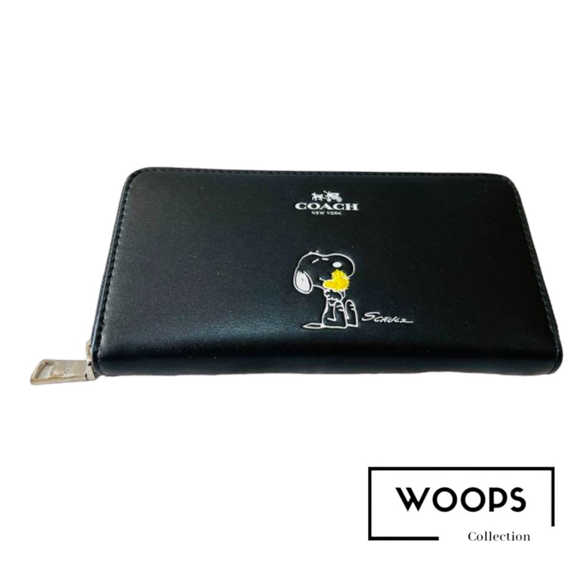 COACH x PEANUTS Long Wallet Snoopy Woodstock BLACK Leather Zip | eBay