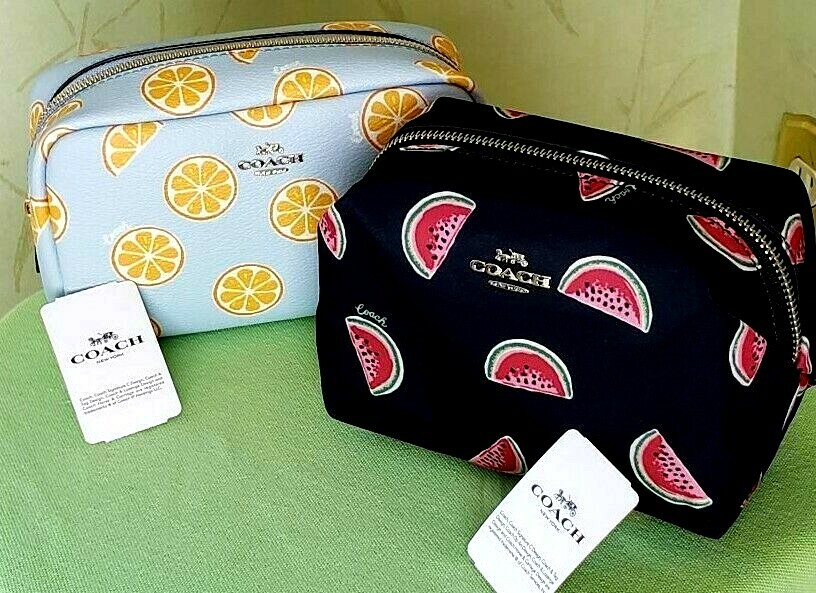 COACH SMALL BOXY COSMETIC CASE:NWT NAVY/WATERMELON PRINT or BLUE