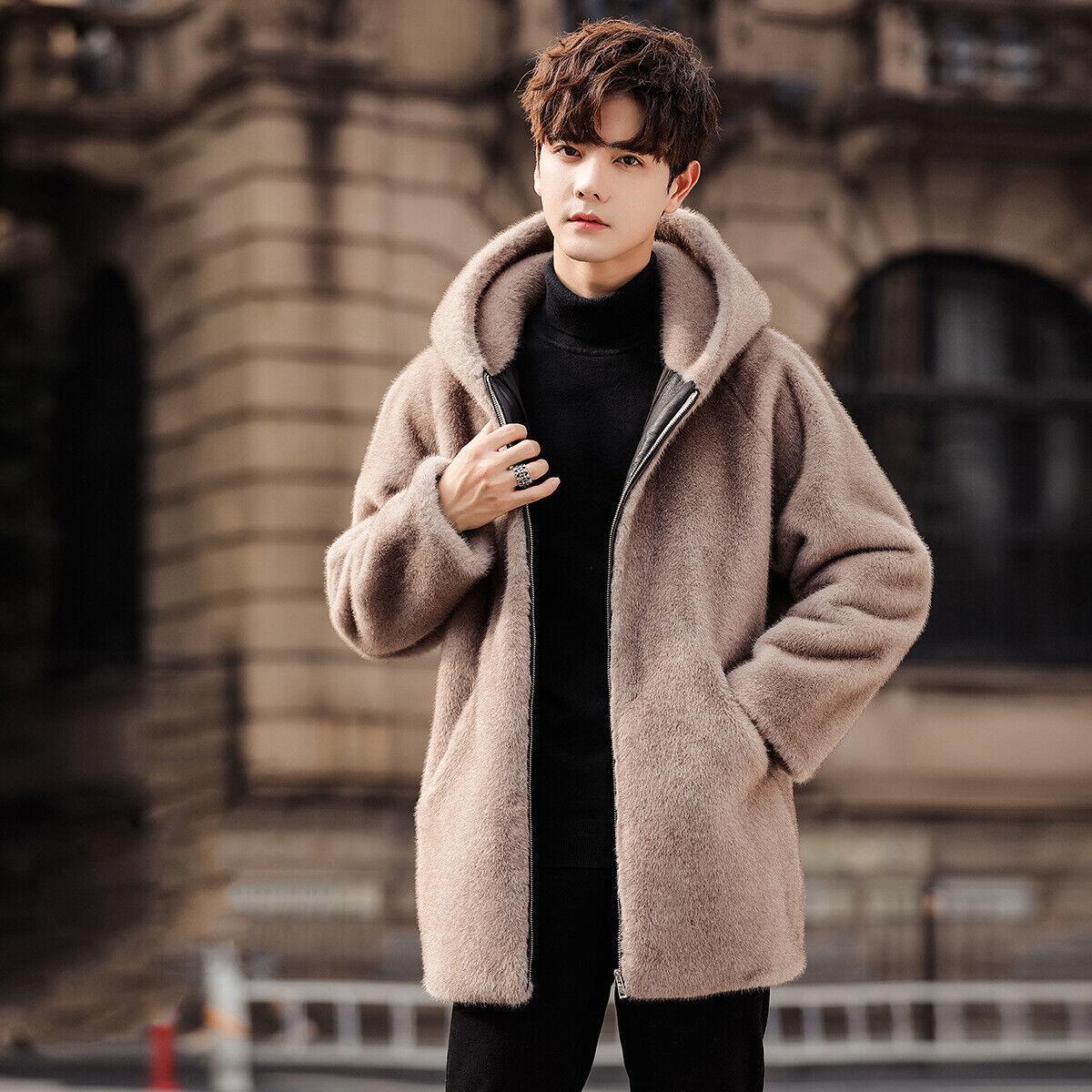 Mens Winter Mink Thicken Jacket Warm Hooded Overcoat Plus Velvet