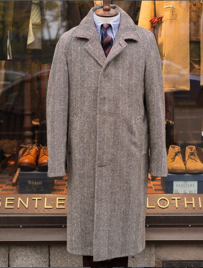 Tweed Herringbone Men's Long Overcoat Stand Collar Formal Business