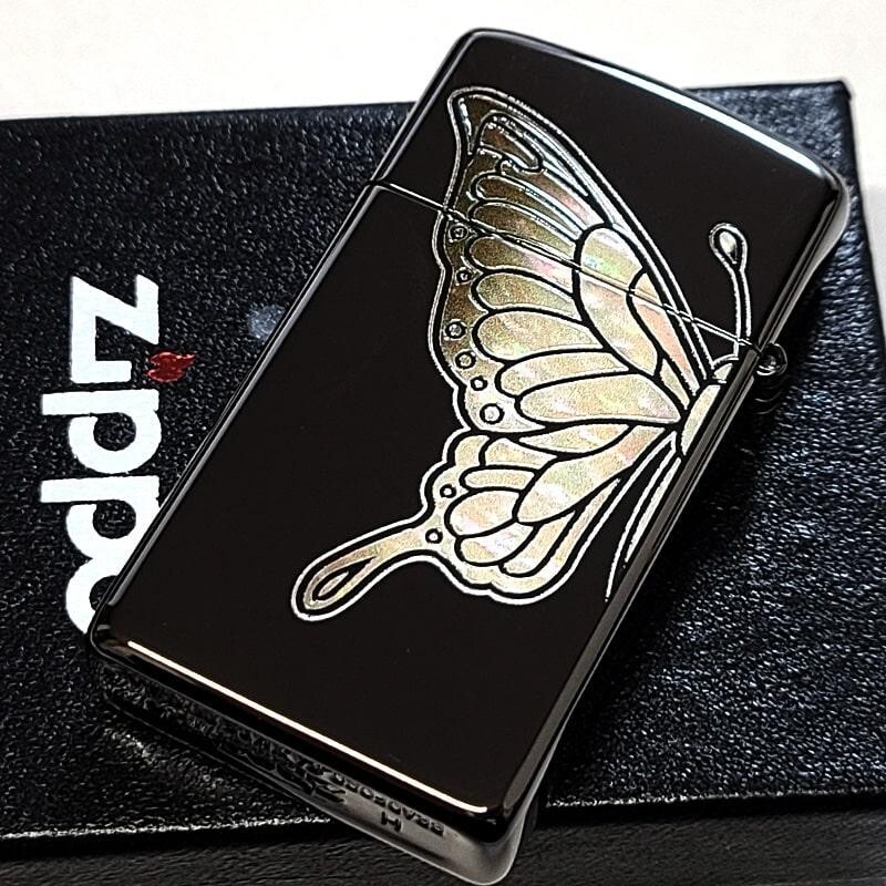 Zippo White Butterfly Shell Black Etching 2 Sided Processing