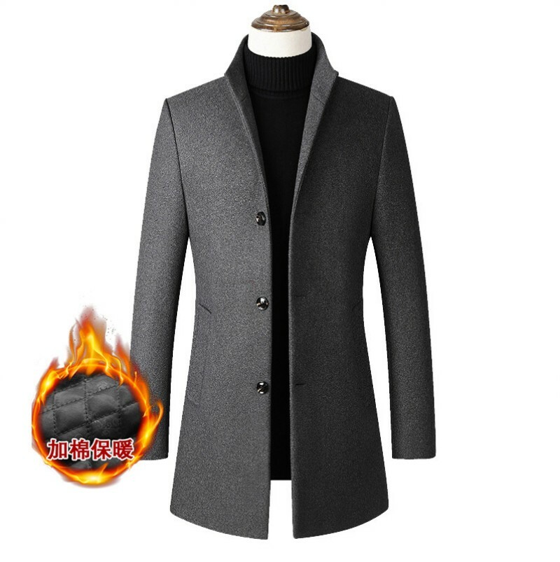 Men's Single Breasted Stand collar Woolen Jacket Trench Coat