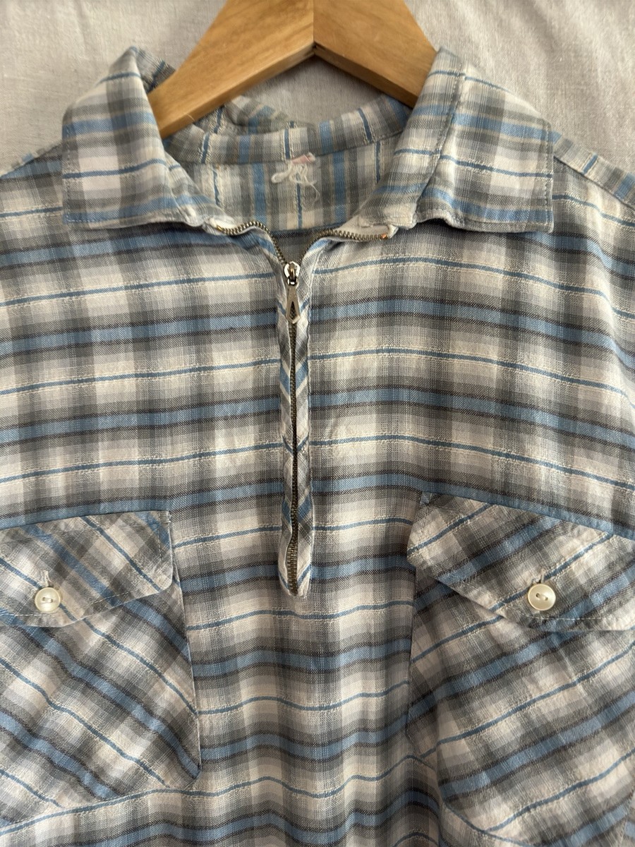 1930s/40s Men's Plaid Quarter Zip Cotton Shirt Size XL Vintage