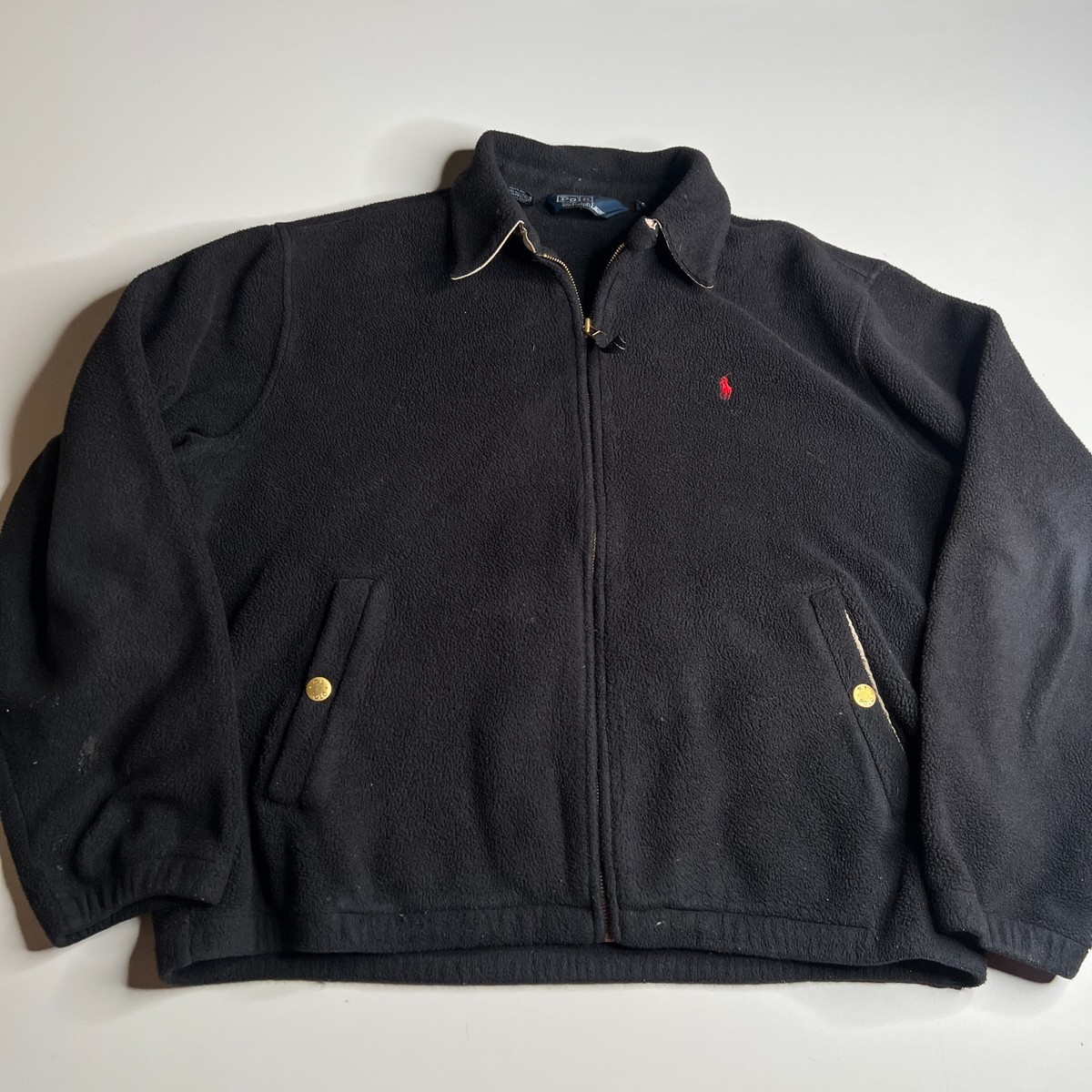 Polo Ralph Lauren Black Fleece Jacket Men's L Zip Up Gold Button