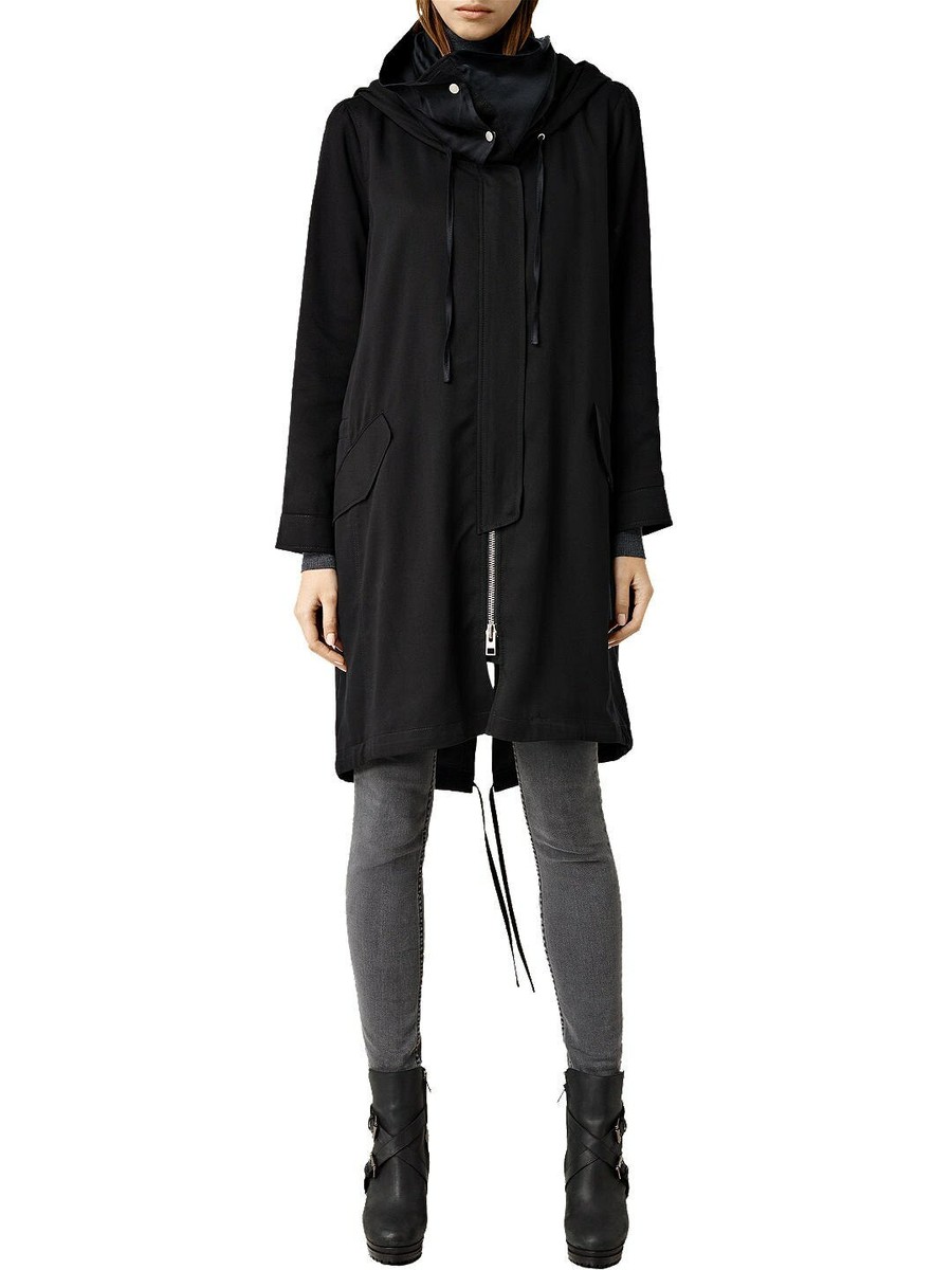 ALLSAINTS Black Lyocell Hooded Fishtail Kaito Parka Jacket Coat sz