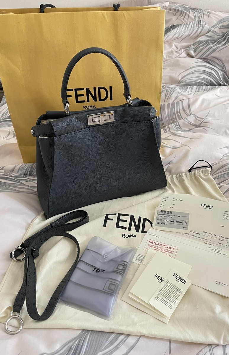 Auth FENDI Medium Peekaboo Selleria Asphalt Dark Gray Leather Bag