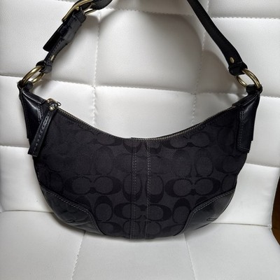 Coach Hampton Signature Jacquard Shoulder Hobo Bag Black Small