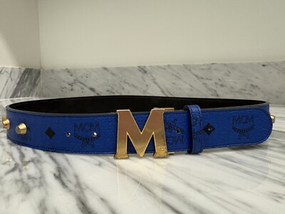 MCM Women's Blue Leather Gold 'M' Buckle Belt 39.5” MCM Logo