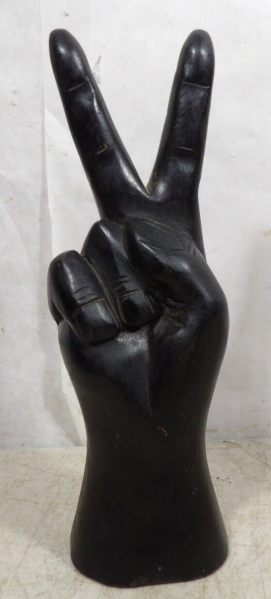 Vintage 1970s Wooden Hand Fingers Peace Sign Symbol Figure