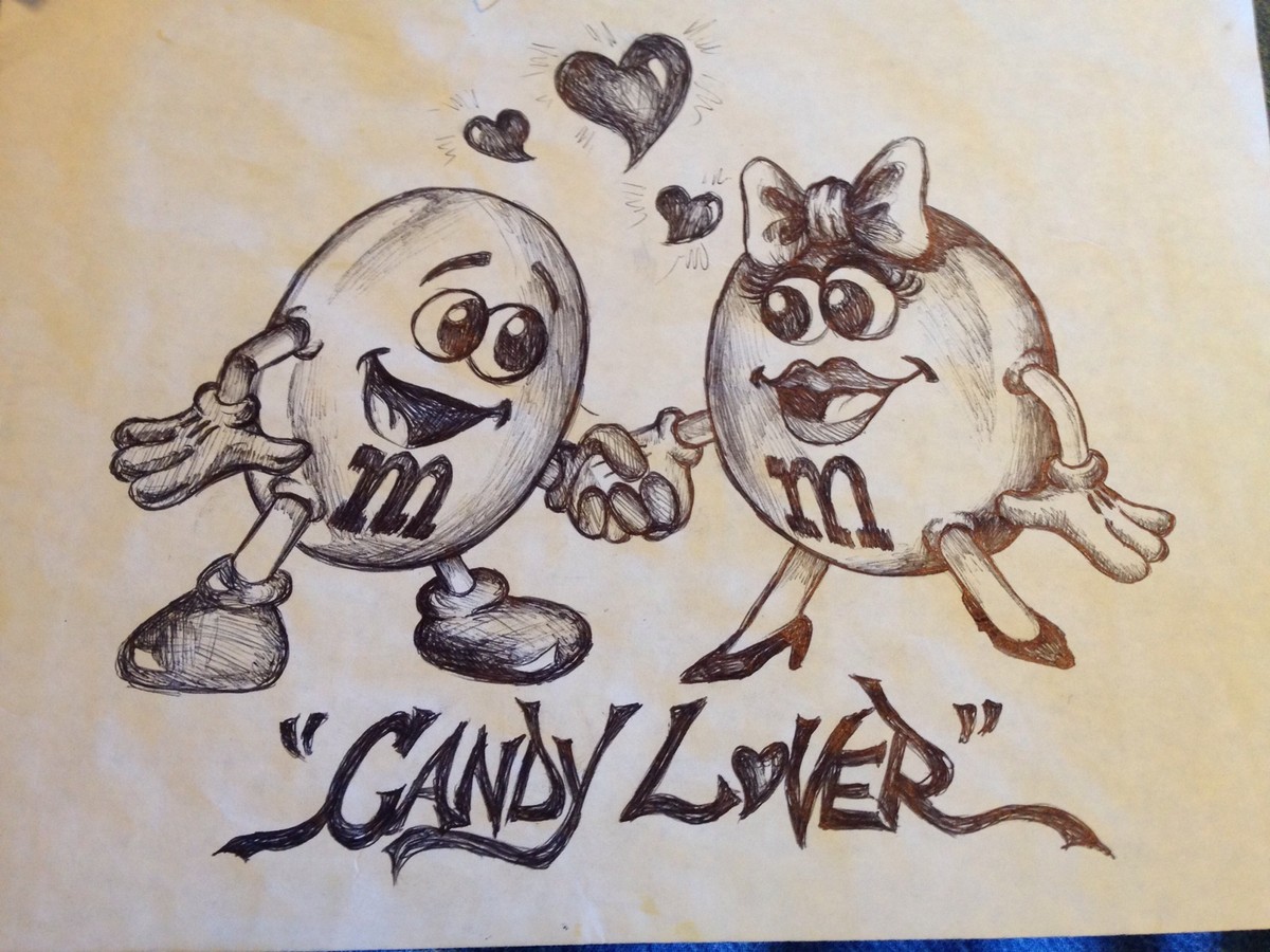 Original m&m's chocolate candies character concept drawing 1993 by