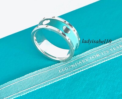 Auth. Sz 5 Tiffany & Co. Blue Enamel Heart Wide Band Ring Sterling