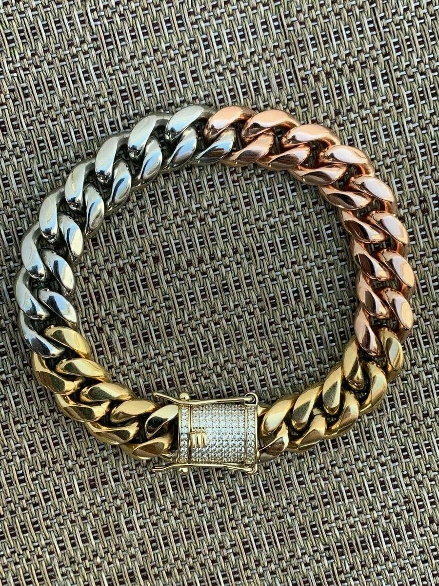 12mm Men's Miami Cuban Link Bracelet Tri Color Gold Plated SS Icy