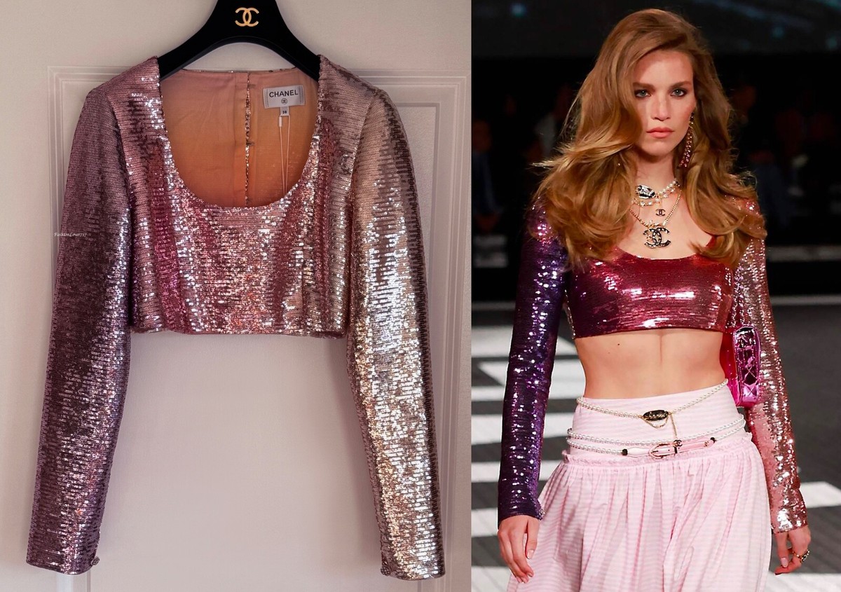 NWT 24C 2024 CHANEL PINK IRIDESCENT SEQUINED RUNWAY CROP TOP 38 | eBay