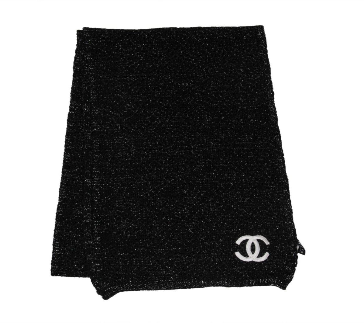 Chanel CC Logo Black Scarf Black Silver Metallic Cashmere Shawl