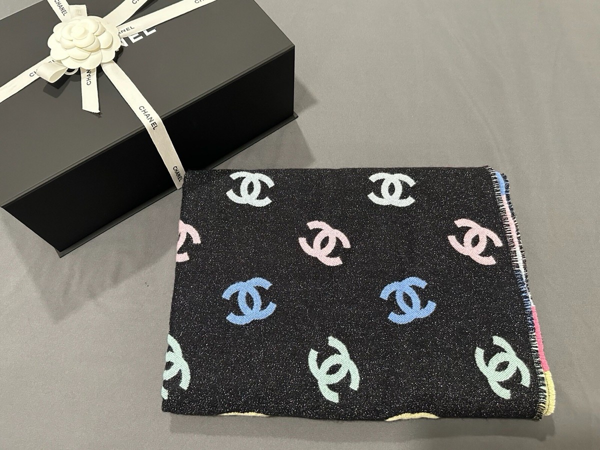 NWT Chanel Rainbow Shiny Multicolor CC Logo Cashmere Wool Scarf