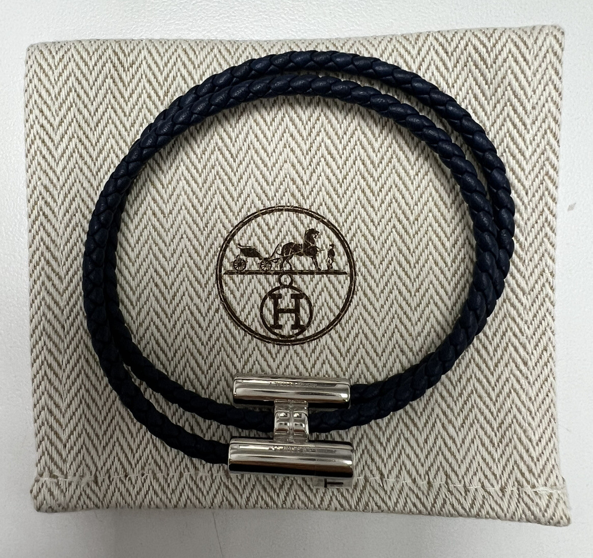 NEW Hermes Tournis Tresse Bracelet, Navy, Size T5, Palladium