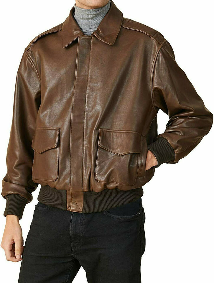 Men's Brown 100% Genuine Lambskin Biker Leather Classic A2 Bomber