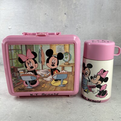 Vintage Aladdin Lunch Box + Thermos Pink Mickey Mouse and Minnie