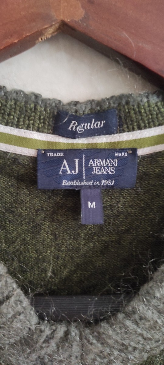 Vintage Armani Jeans Wool Knit V neck Sweater Pullover Green Size