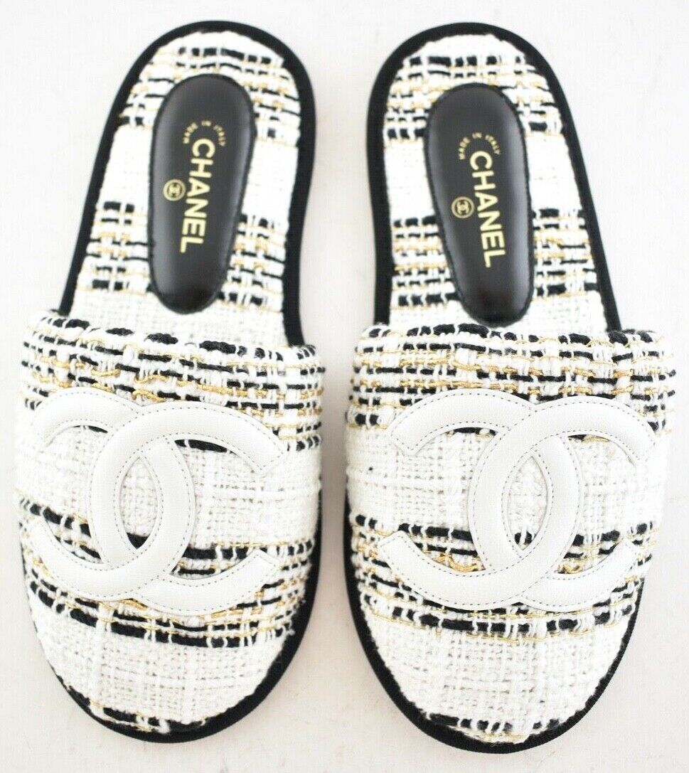Chanel 19C Black White Gold Tweed House Slipper CC Logo Slip On