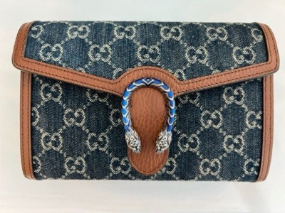 Gucci Dionysus GG Mini Wallet Brown Blue Denim Handbag Silver