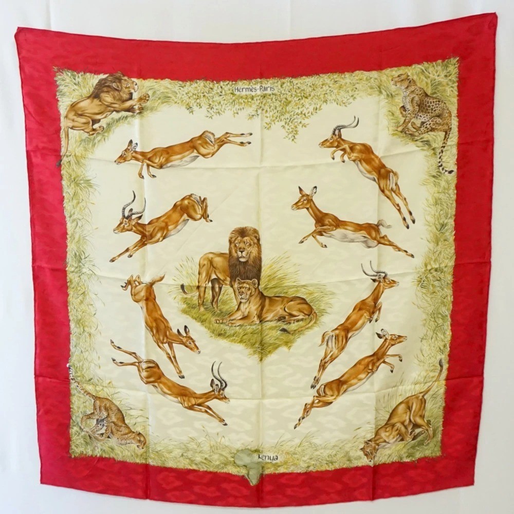Hermes Silk Scarf Carre 90 KENYA Animal Red Used from Japan | eBay