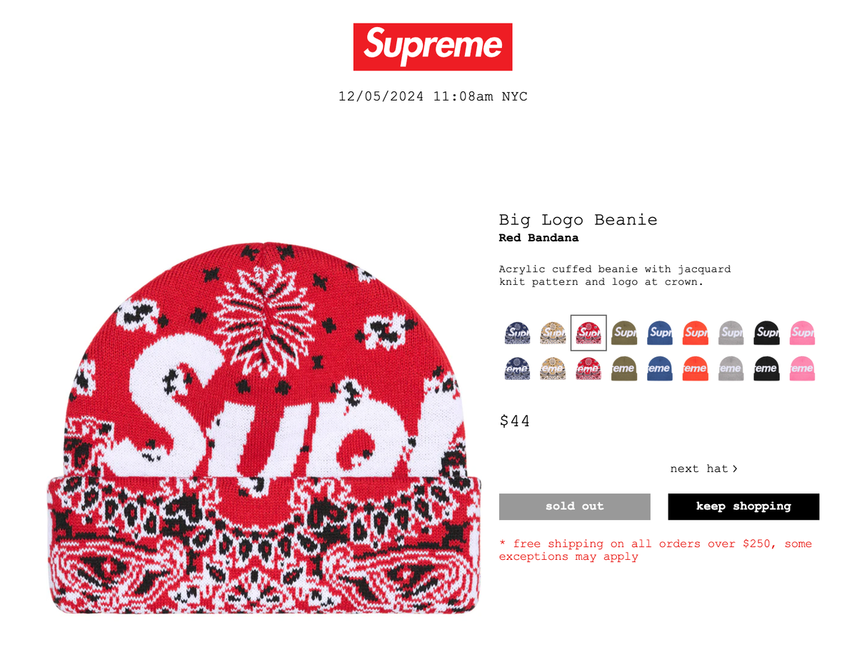 SUPREME BIG LOGO BEANIE (RED BANDANA) FW24 S LOGO CASHMERE WOOL