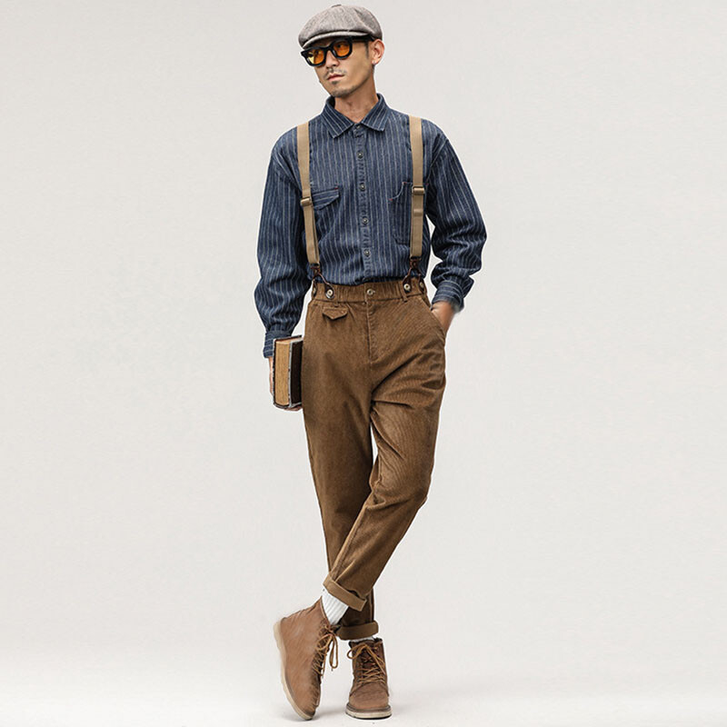 Mens British Style Corduroy Straight Pants Suspender Trousers
