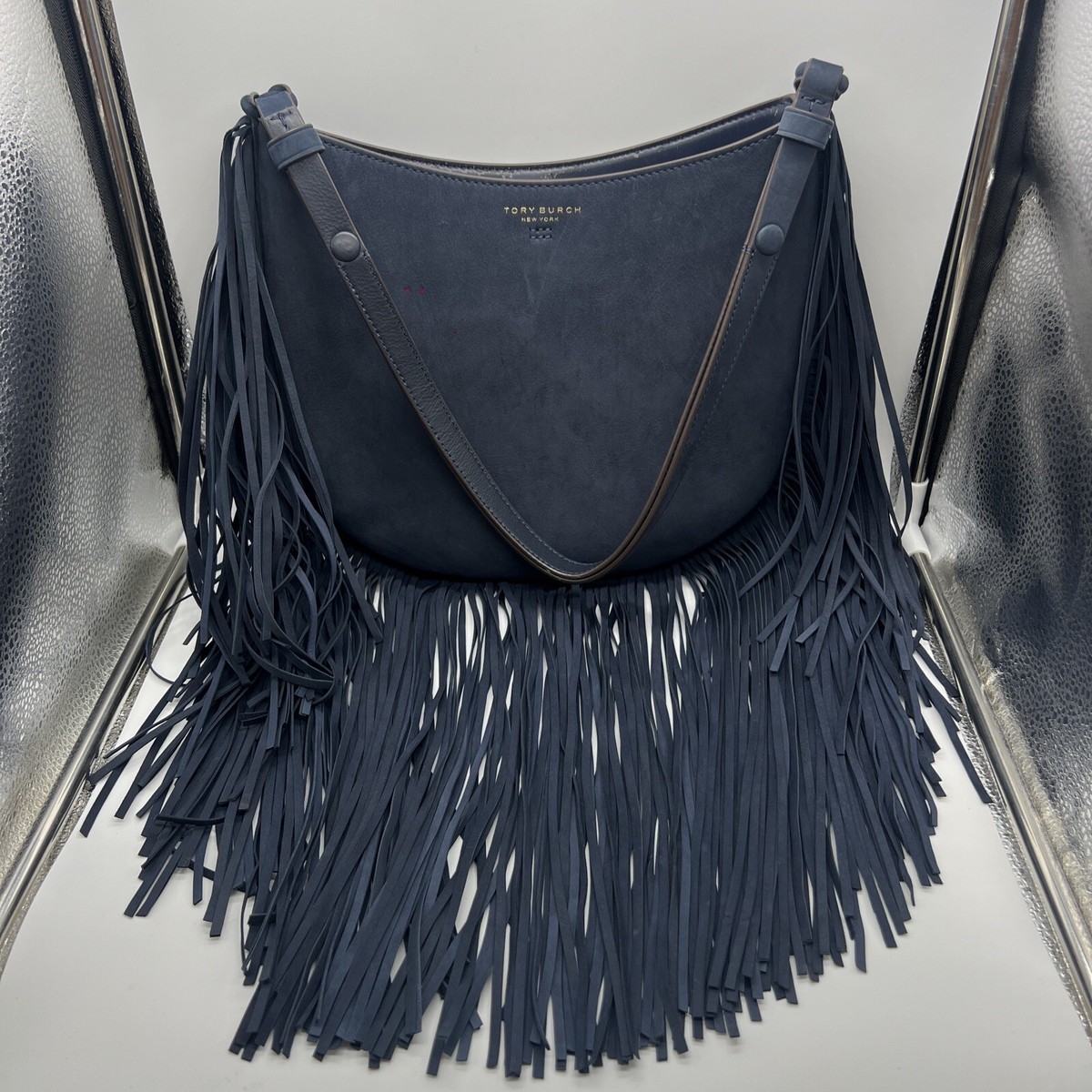 TORY BURCH SUEDE FRINGE HOBO BAG, TORY NAVY, FRENCH GREY