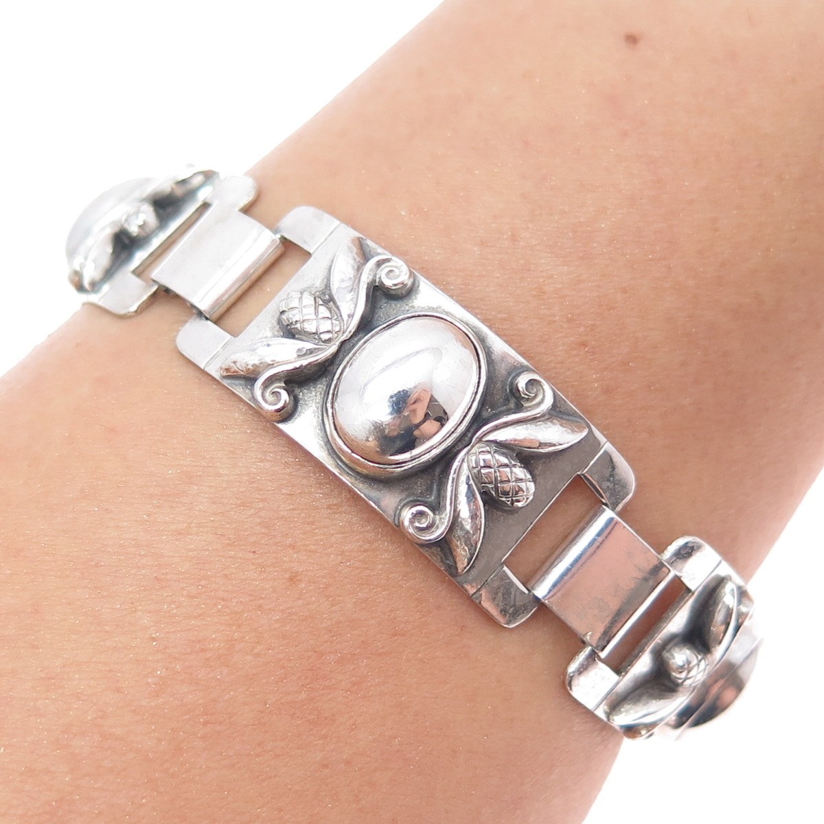 GEORG JENSEN 925 Sterling Silver Antique Acorn Panel Link Bracelet