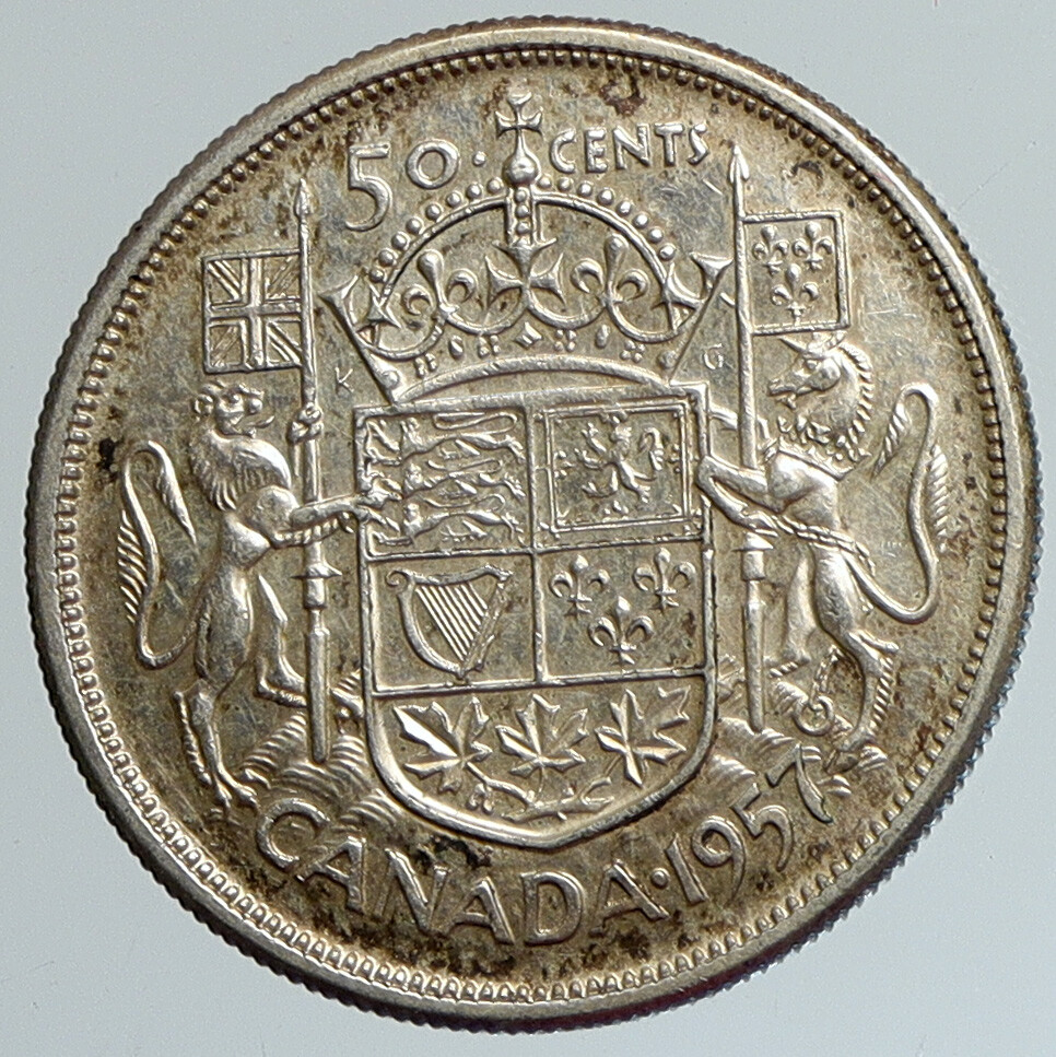 1957 CANADA UK Queen Elizabeth II OLD Vintage SILVER 50 Cents Coin