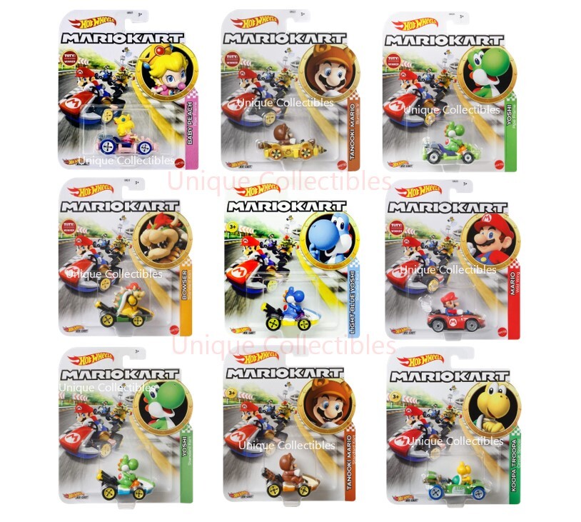 Hot Wheels Mario Kart Tanooki Mario Yoshi Baby Peach Yoshi Bowser