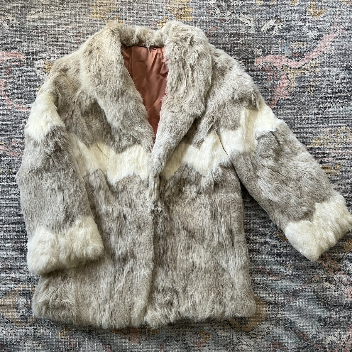 Vintage 90s Rabbit Fur Jacket Coat Chevron Lined Two Tone Small | eBay