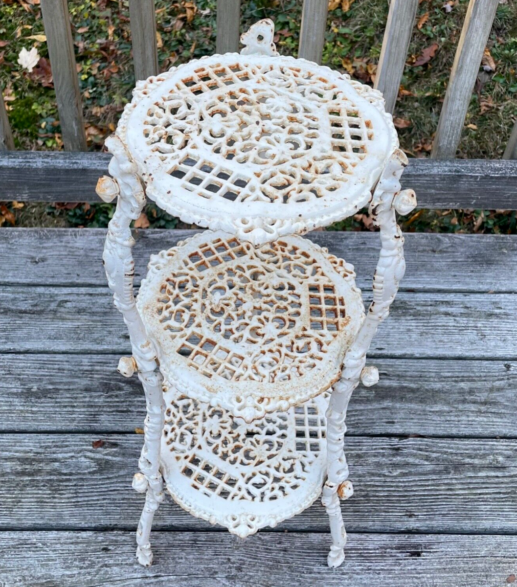 Vtg Victorian Style Cast Iron 3 Tier Table Plant Stand Shelf White
