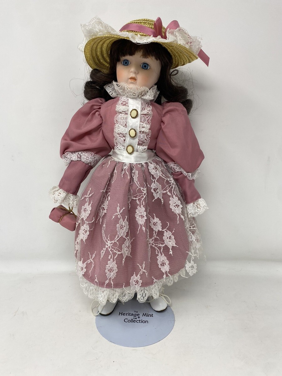 Porcelain Doll Vtg Heritage Mint Collection 16” W/ Stand & Hat