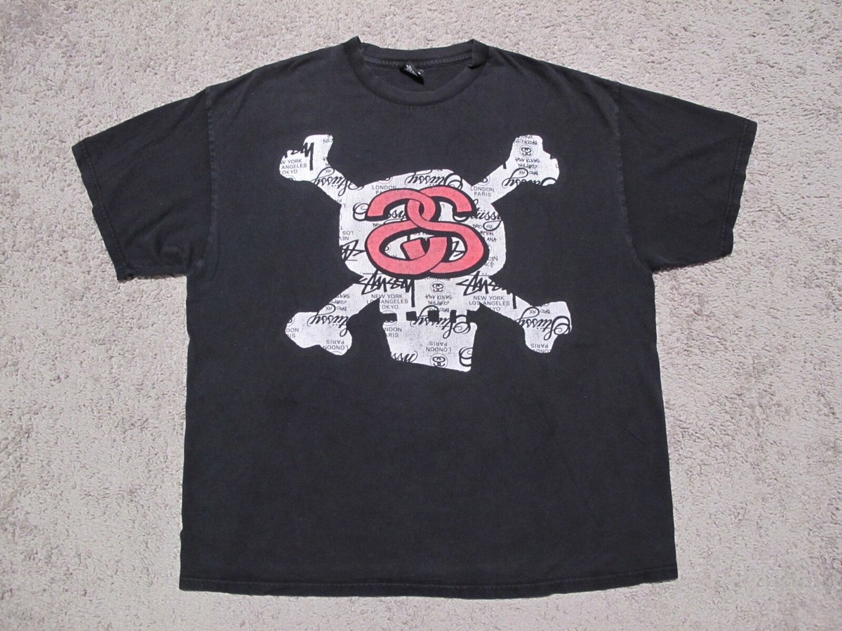 Men's VTG Stussy SS Skull faded black t-shirt XL graffiti