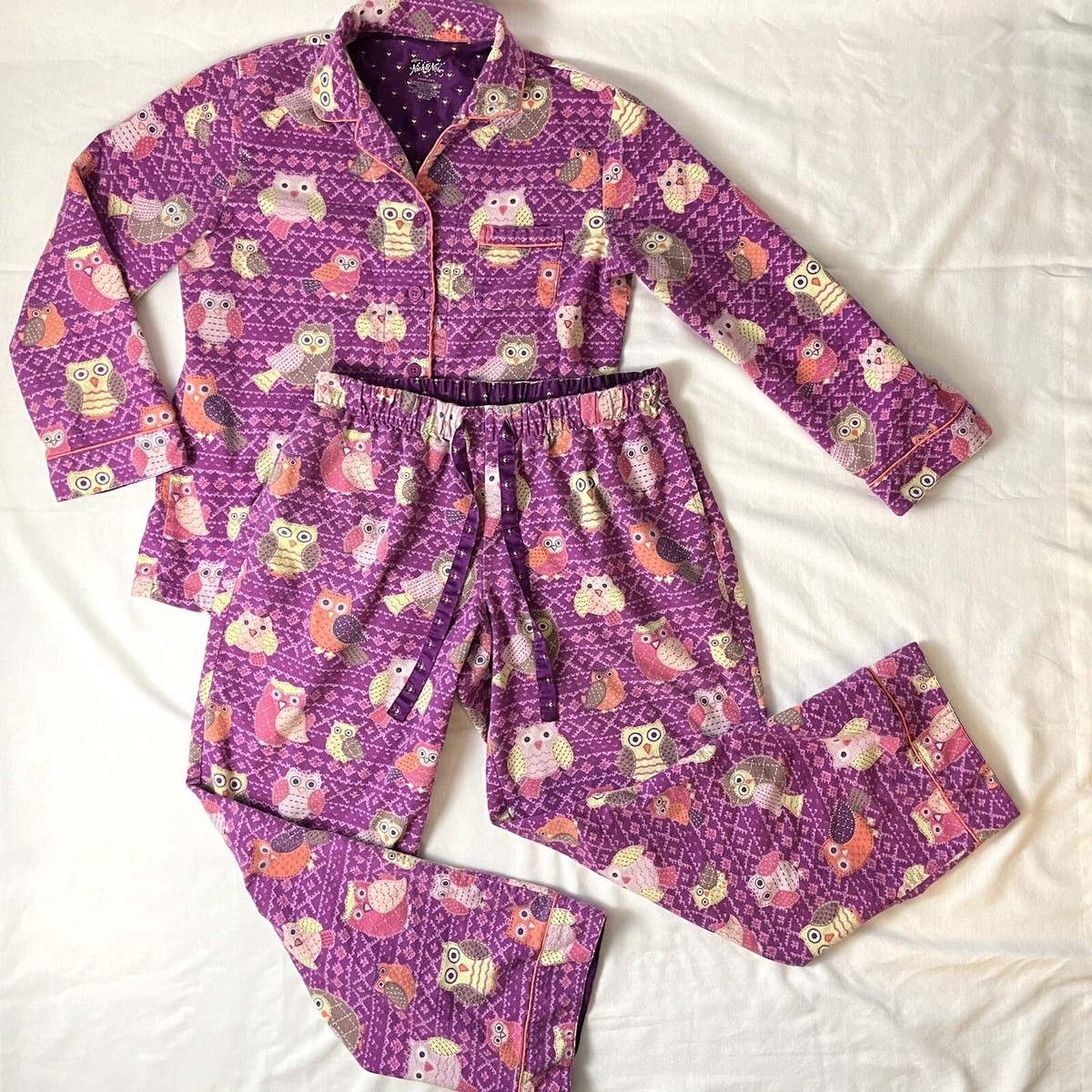 Womens Medium Purple Owl Print Nick & Nora Flannel Pajamas Shirt