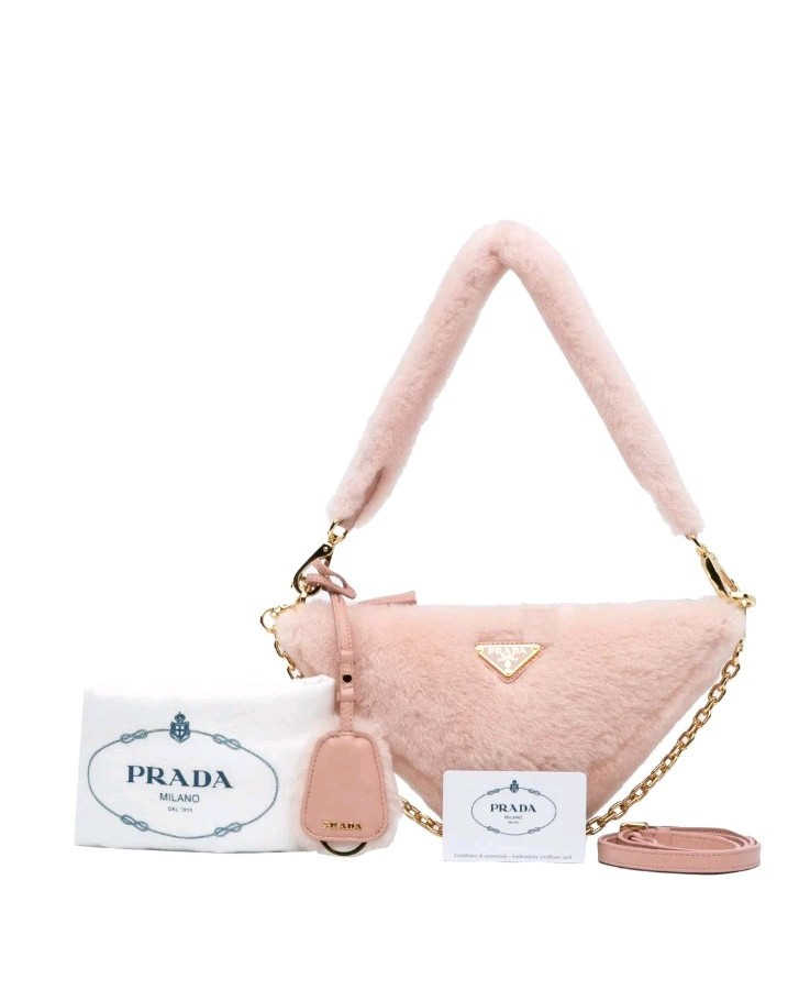 Prada Pink Fur Bag Logo Triangle Shearling Crossbody/Satchel