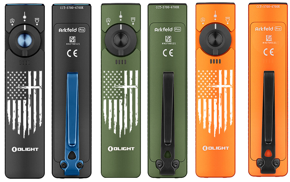 Olight Arkfeld Pro American Flag, LED Light, UV & Green Beam, 1300