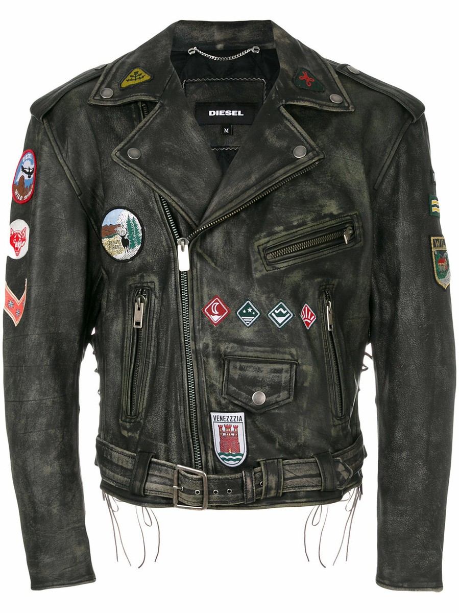 New Diesel L-AGO-ED Biker Patch Leather Jacket L coat bomber