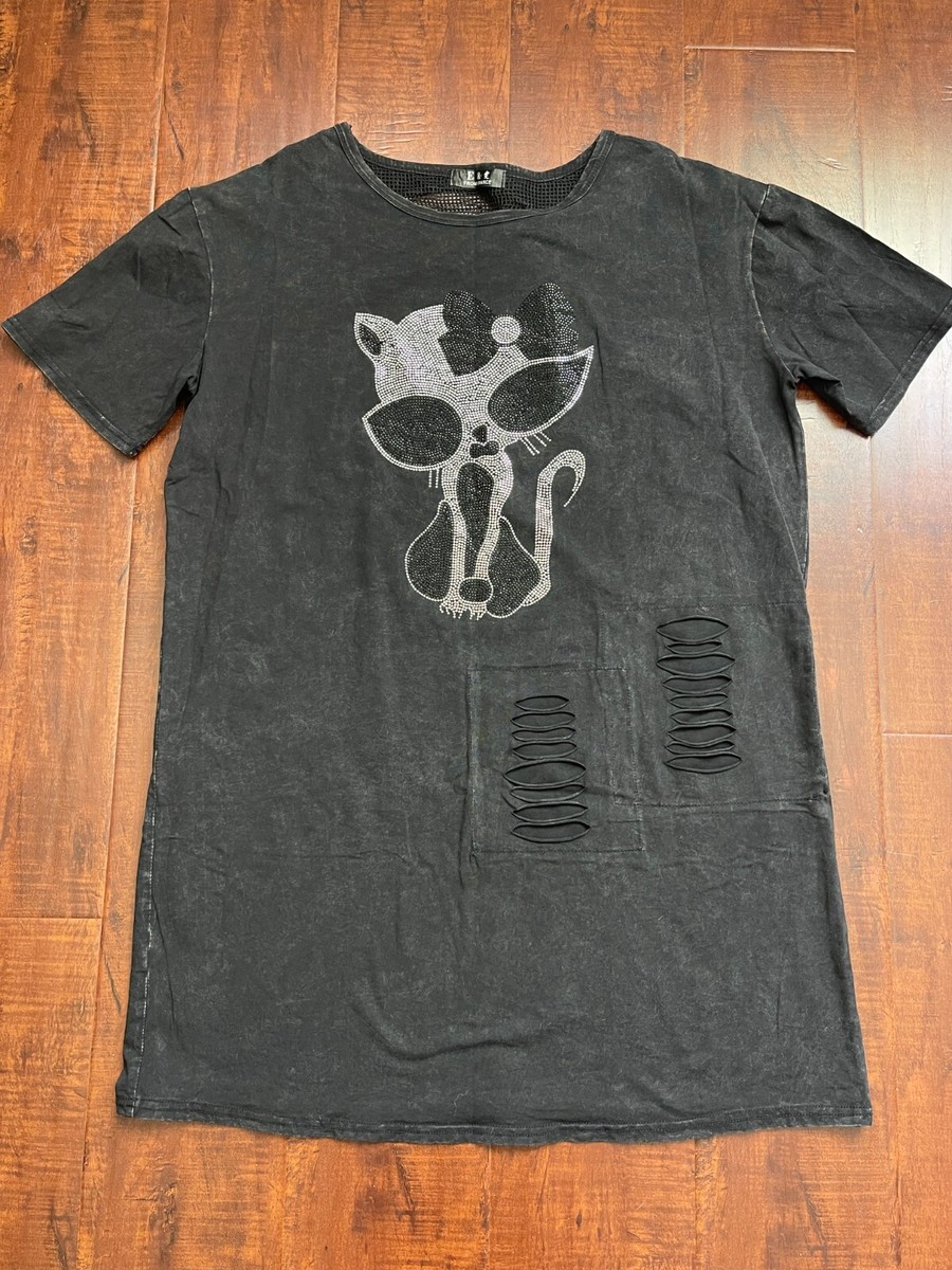 Women Distressed Bling Rhinestone Cat Round Neck Tee T-shirt Short