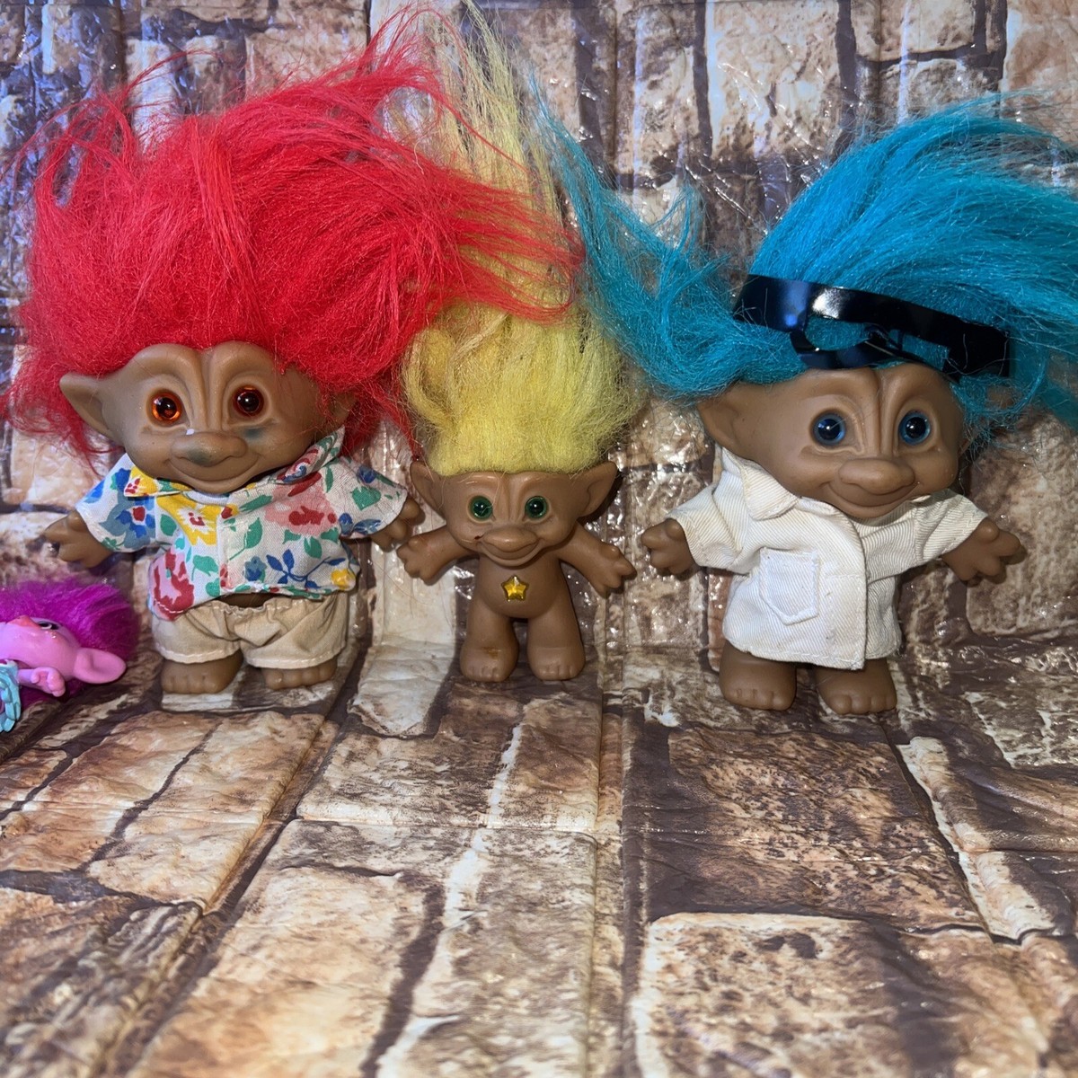 Vintage Ace Novelty 3 Treasure Trolls 5” Red, Blue And Yellow Hair