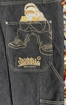 VTG Y2K Baggy Southpole B Boy Black Jeans Wide Embroidered Skater