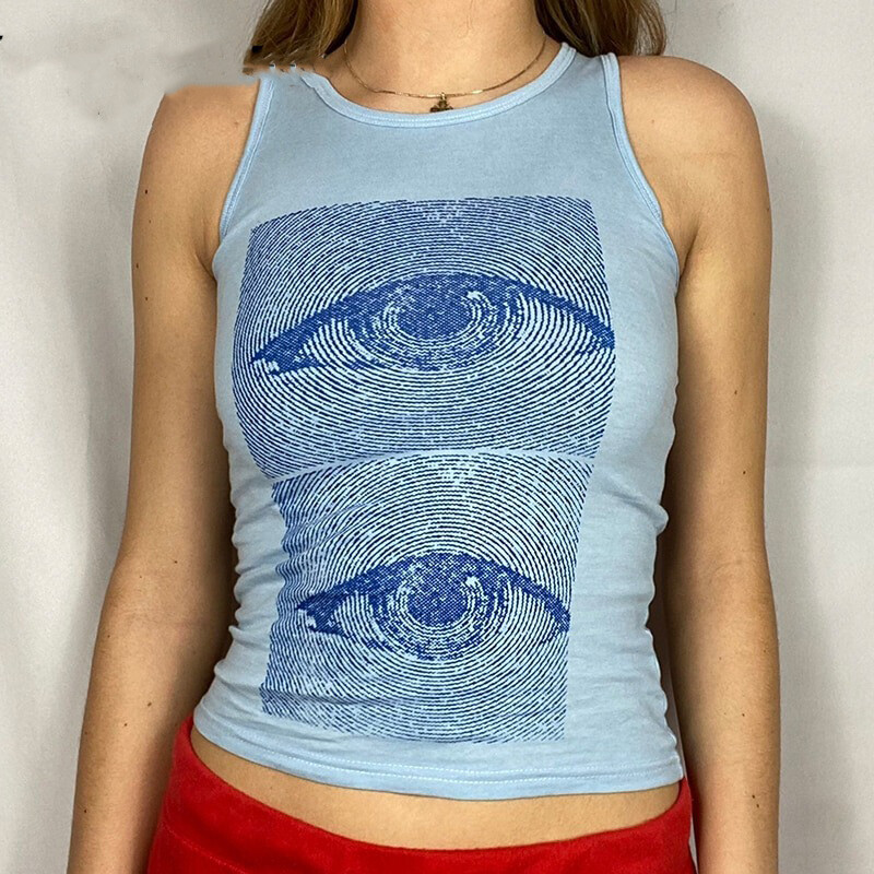Y2K Eyes Print Tank Top Vintage 2000s Hippie Casual O-neck Graphic