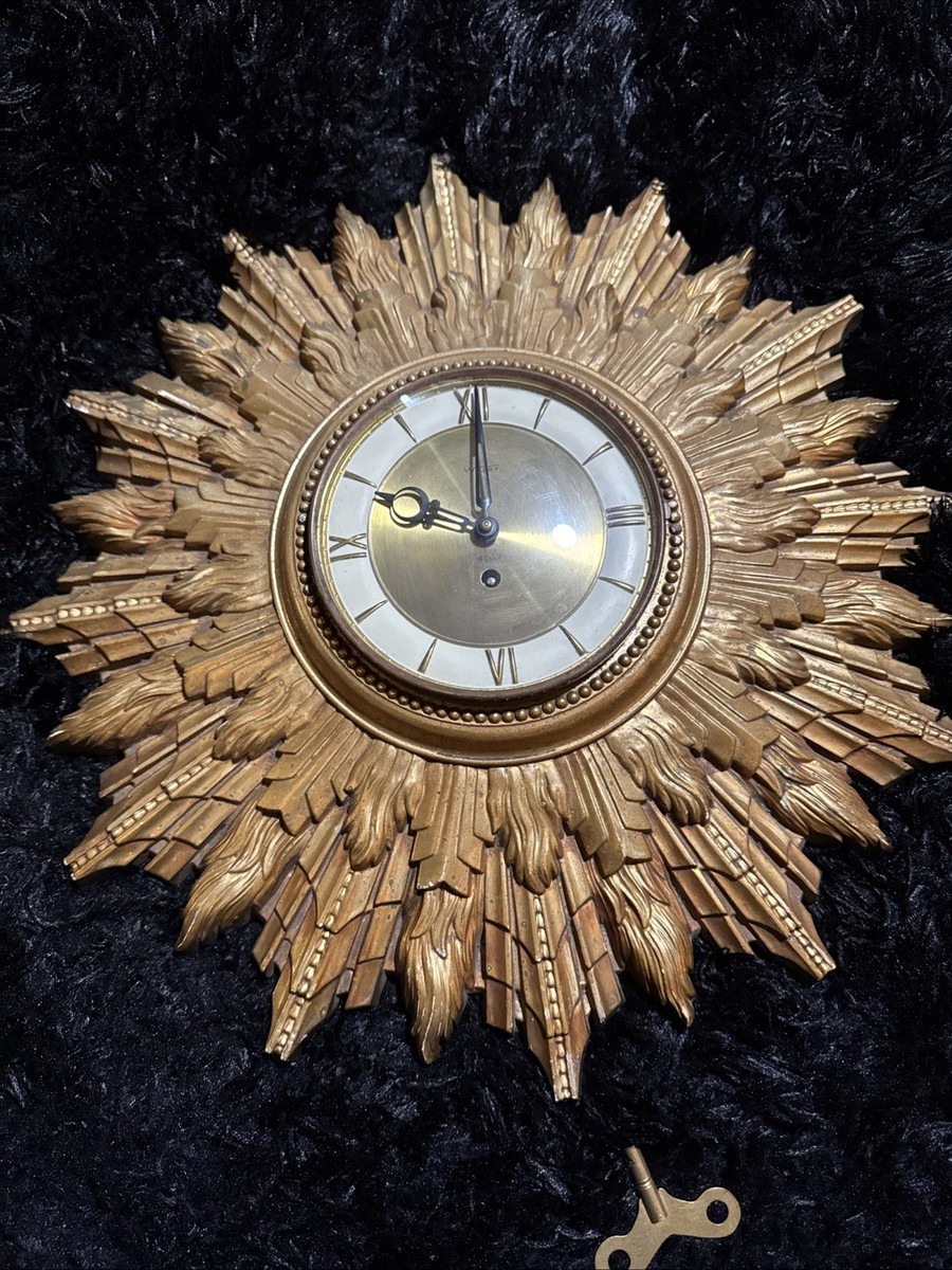 Vintage MCM Welby Starburst / Sunburst Gold Gilt 8 day Wall Clock