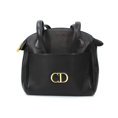 Christian Dior Black Smooth Leather Gold CD Logo Zip Shoulder Bag
