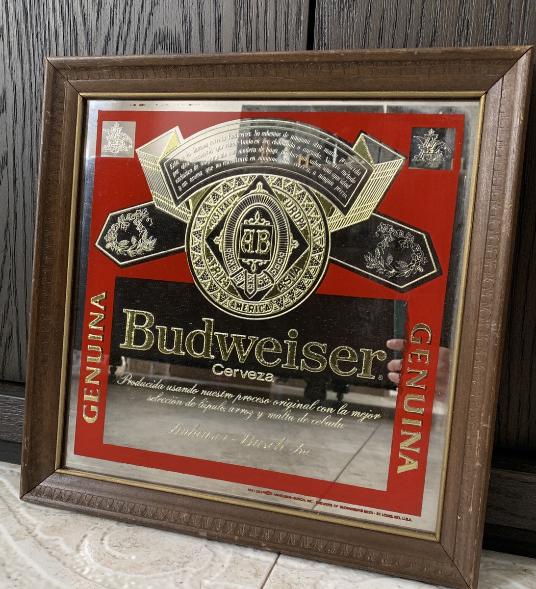 Vintage BUDWEISER Beer Bar Wood Framed Mirror. 